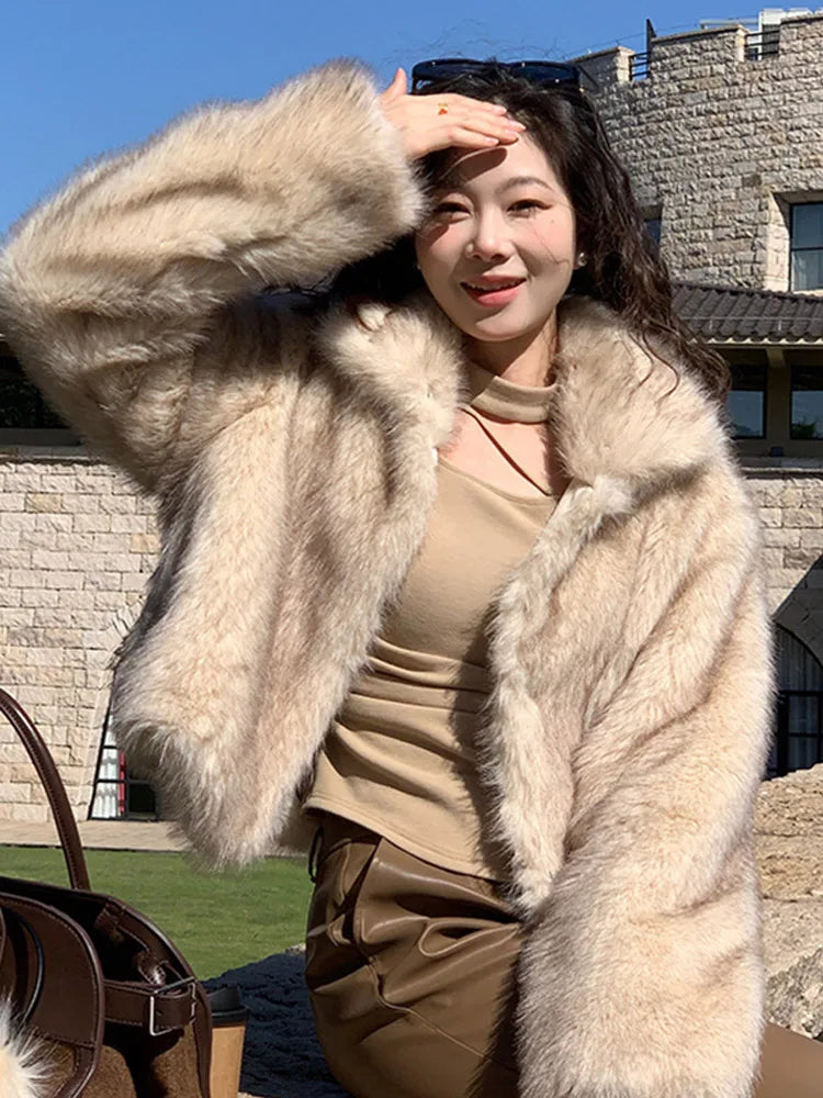 maoxiangshop  -  Vintage Warm Open Fur Coats Women Casual Warm Lapel Solid Faux Fur Overcoats Female Winter Elegant Loose Chic Street Outwear