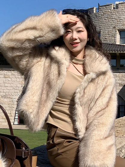 maoxiangshop  -  Vintage Warm Open Fur Coats Women Casual Warm Lapel Solid Faux Fur Overcoats Female Winter Elegant Loose Chic Street Outwear
