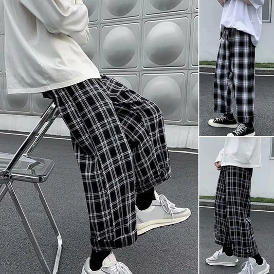 maoxiangshop Autumn Men Pants Plaid Streetwear Wide Leg Elastic Waist Loose Sports Pants Trousers Checkered Wide Leg Pants for Travel