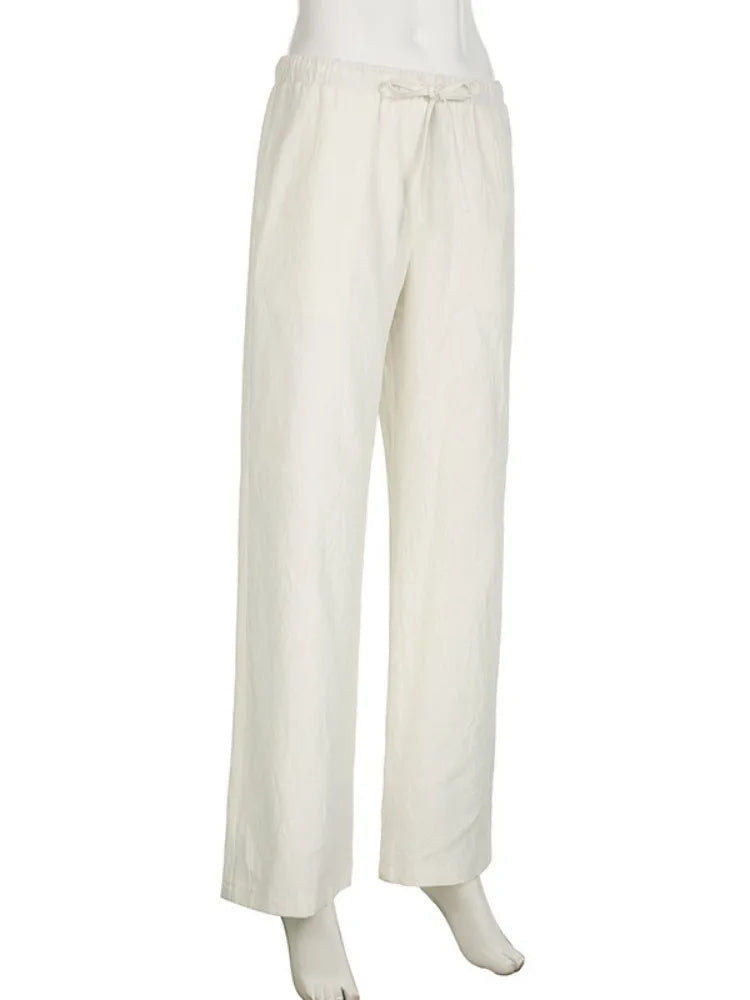 Casual Basic White Pants Women Baggy Low Waist Straight Trousers Solid Color Thin Wide Leg Pantalones Ladies Summer