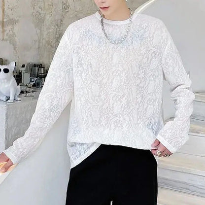 maoxiangshop French Style White Men's Wear Fashion Solid Color Jacquard Weave Tops Men's Summer Thin Style Breathable Long Sleeve T-shirt