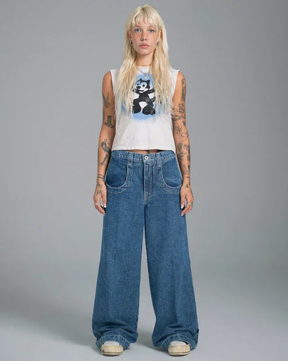 maoxiangshopStreet Vintage Jeans New Y2K Harajuku Wash blue Multiple pockets Baggy Jeans Denim Pants Mens Womens High Waist  Wide Trousers