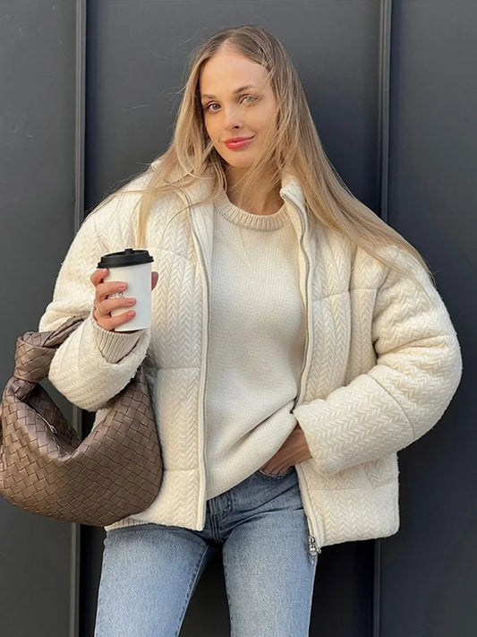 maoxiangshop  -  Knitting Cotton Print Down Short Jackets Women Thickening Solid Zipper Stand Collar Jacket Female Winter Chic Windproof Outwear