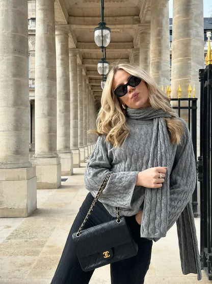 maoxiangshop  -  Women Casual Gray Knitted Sweater With Scarf Elegant Round Neck Long Sleeves Pullover 2024 Autumn Lady High Street Jumper Top
