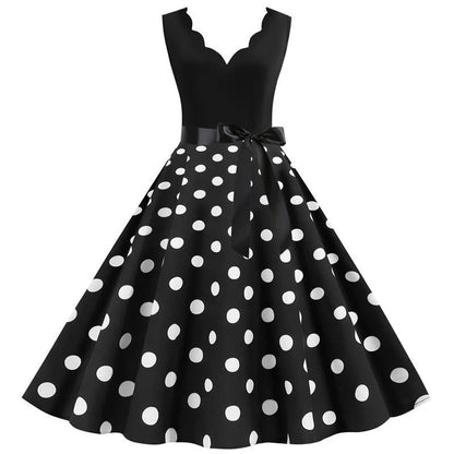 maoxiangshop Womens Retro Summer Dresses Robe Vintage Pinup 1950s 60s Rockabilly Sexy V-Neck Polka Dot Print Party Dress Vestido S-3XL