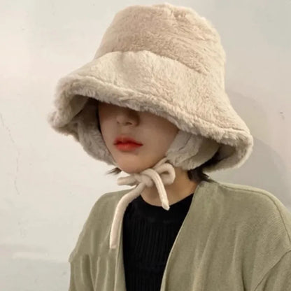 maoxiangshop Korean New Ear Protection Bucket Hats for Women Autumn and Winter Travel Versatile Warm Retro Solid Color Plush Men's Caps