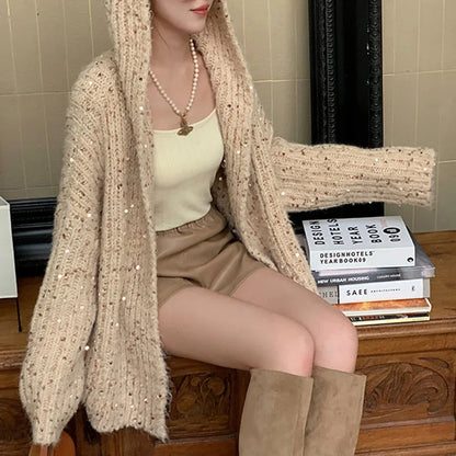 maoxiangshop  -  Sequined Gradient Knitted Hooded Cardigan Women's Sweater Loose Long Sleeve Gentle Wind Sweaters Coat Autumn Winter Warm Jacket