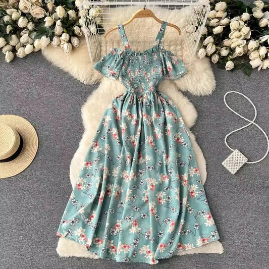 maoxiangshop Romantic Floral Print Long Summer Dress Women Fashion Off Shoulders Straps Vacation Beach Dress Korean Party Vestidos