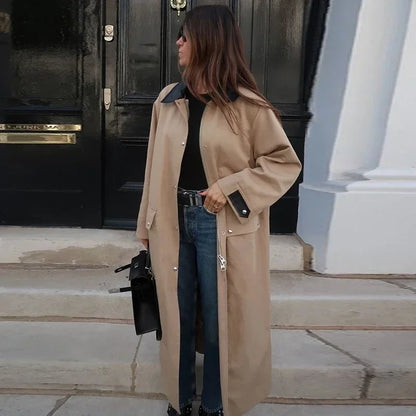 maoxiangshop  -  Elegant Patchwork Contrast Women Coat Loose Full Sleeve Zipper Button Pocket Maxi Coats Female 2024 Autumn Winter Lady Outwear