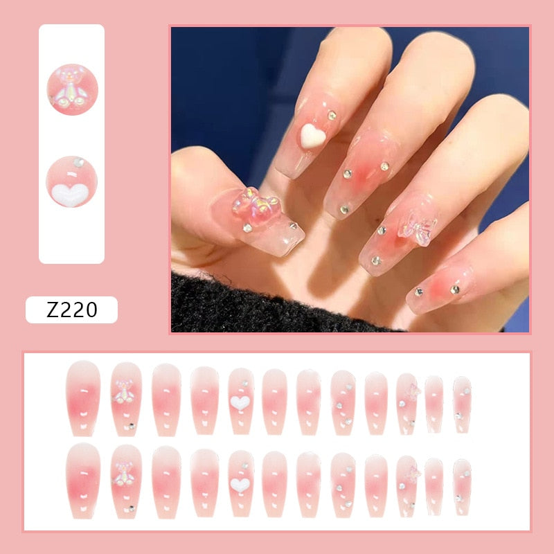 24pcs French Fake Nails Short Art Nail Tips Press Stick on False with Designs Full Cover Artificial Pink Wearable Clear Tips