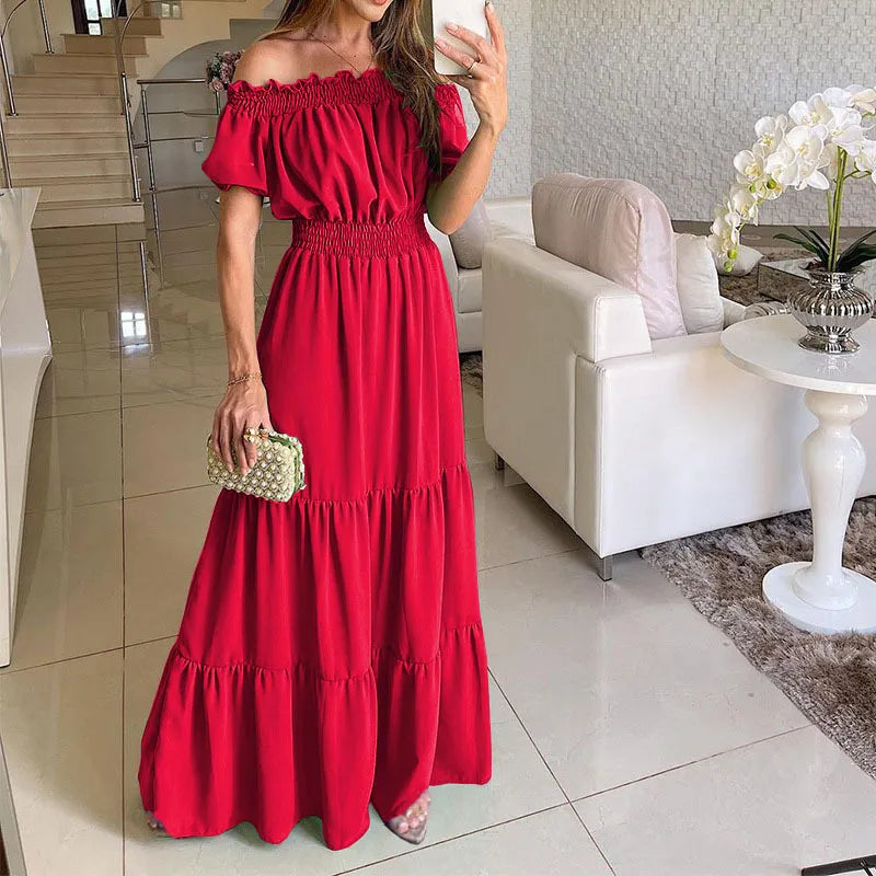 maoxiangshop Summer Boho Red Dress Fashion Short Sleeve Beach Long Dress Casual Loose Elegant Holiday Party Dresses For Women Robe Femme