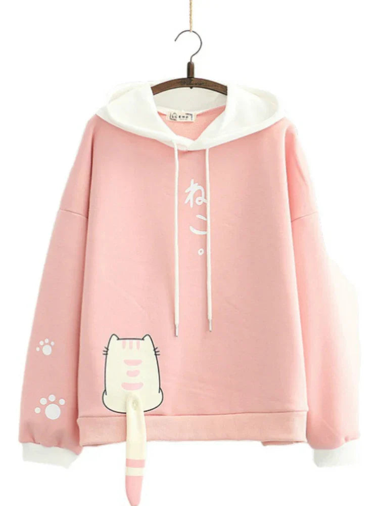 maoxiangshop Women Winter Fleece Sweatshirt Casual Loose Long Sleeve Hoodies New Arrival Female Cartoon Print Harakuju Top Pullovers
