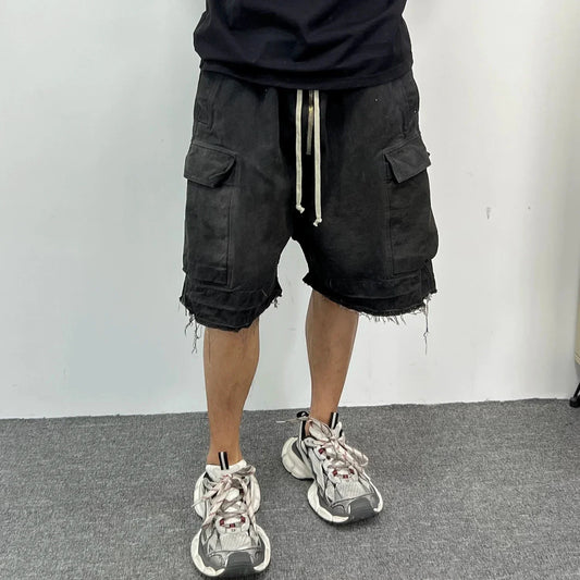 maoxiangshop Style Ribbons Streetwear Multi-pockets Cargo Short for Men Elastic Waist Wide Leg Baggy Jeans Knee Length Pants Loose Overall