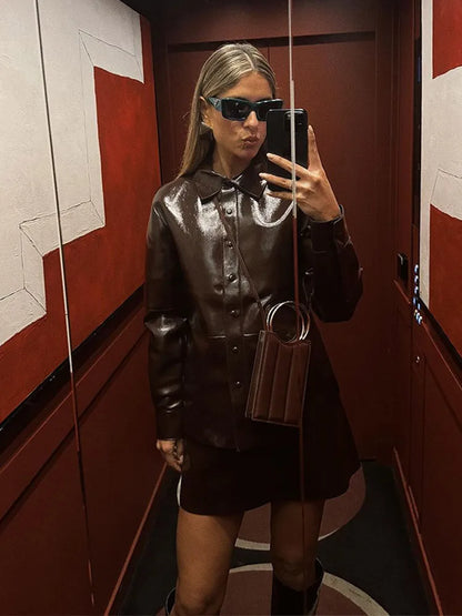 maoxiangshop  -  Fashion Leather Jacket Skirt Suit Women Lapel Button PU Coat Mini Skirts 2 Pieces 2024 Lady Autumn Street New in Matching Sets