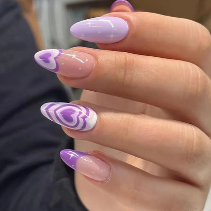 maoxiangshop 24Pcs Blue Flower False Nails Almond Cute Heart with French Design Detachable Fake Nails Artificial Press on Nails Tips Art