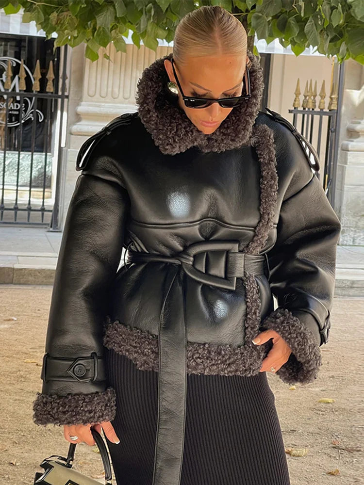 maoxiangshop  -  Pu Leather Women's Jacket Patchwork Belt Stand Collar Solid Female Coat 2024 Autumn Winter Highstreet Thicken Lady Overcoat