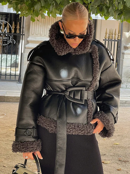 maoxiangshop  -  Pu Leather Women's Jacket Patchwork Belt Stand Collar Solid Female Coat 2024 Autumn Winter Highstreet Thicken Lady Overcoat