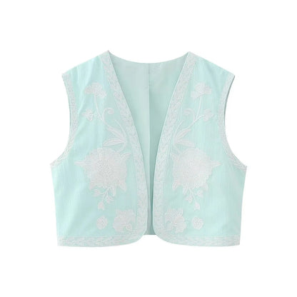 maoxiangshopWomen Fashion Y2k Vintage Floral Embroidery Vest Top V Neck Loose Casual Summer Woman Short Cardigan Waistcoat Chic Tops