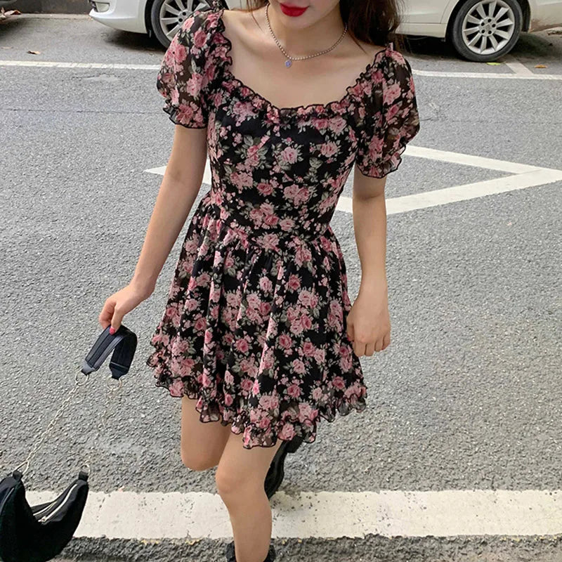 maoxiangshop Summer Women Off Shoulder Mesh Dress Lady Sweet Spicy Style Puff Sleeve Dress Female Flower Graphic Printing Elastic Fairy Dress