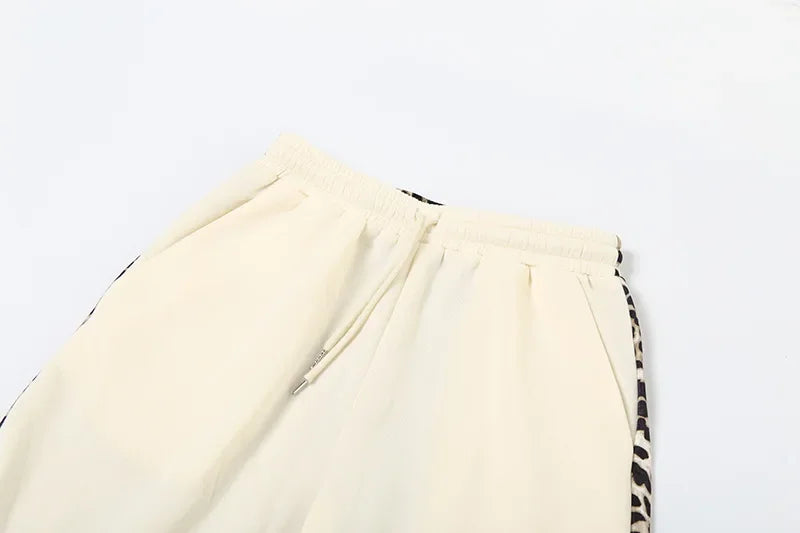 maoxiangshop  -  Stripe Leopard Patchwork Women Flare Pants 2024 Autumn Drawstring High Waist Loose Casual Streetwear Trousers Female Sweatpants