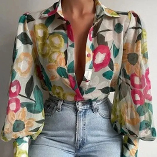 maoxiangshopFashion Lapel Lantern Sleeve Blouses Spring Office Lady Vintage Floral Print Shirts Tops Button Up Long Sleeve Shirt