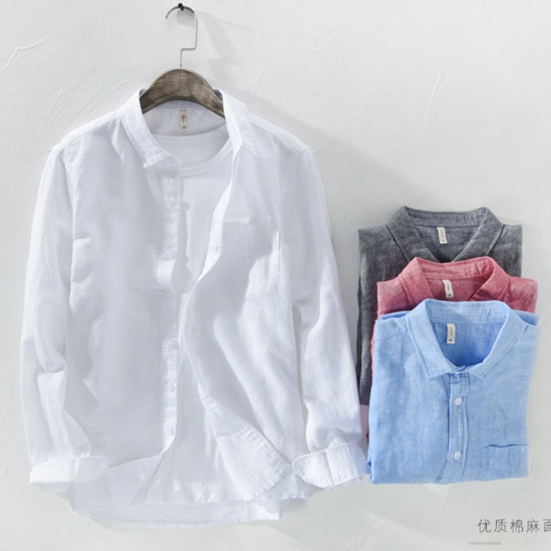 maoxiangshop Mens Cotton Linen Shirt Breathable Casual Solid Colors Loose Turn-down Collar Long Sleeve Button Down Blouse Tops Shirts For Man