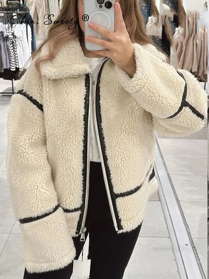 maoxiangshop  -  Elegant Winter Wool Fur Jacket Women Motorcycle Teddy Long Sleeve Stand Collar Double Faced Coat Female Winter Bike Streetwear