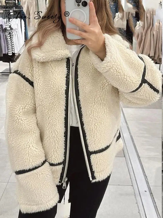 maoxiangshop  -  Elegant Winter Wool Fur Jacket Women Motorcycle Teddy Long Sleeve Stand Collar Double Faced Coat Female Winter Bike Streetwear