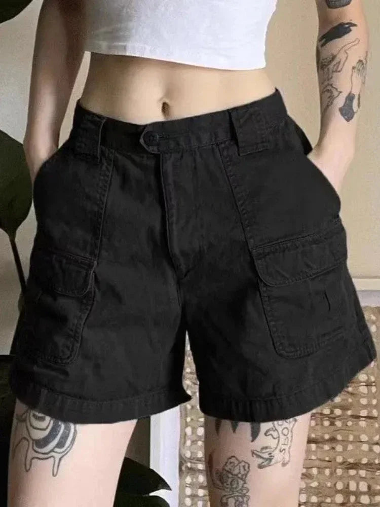 Y2k Vintage Streetwear Cargo Denim Shorts Women American Retro Harajuku Solid Loose Jeans Casual Pocket Summer Chic