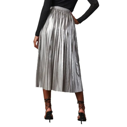 maoxiangshop  -  New Fashion Giny Pleated Long Skirts Autumn Winter High Waist A- Shaped Midi Long Metallic Pleated Skirt for Women Skirts