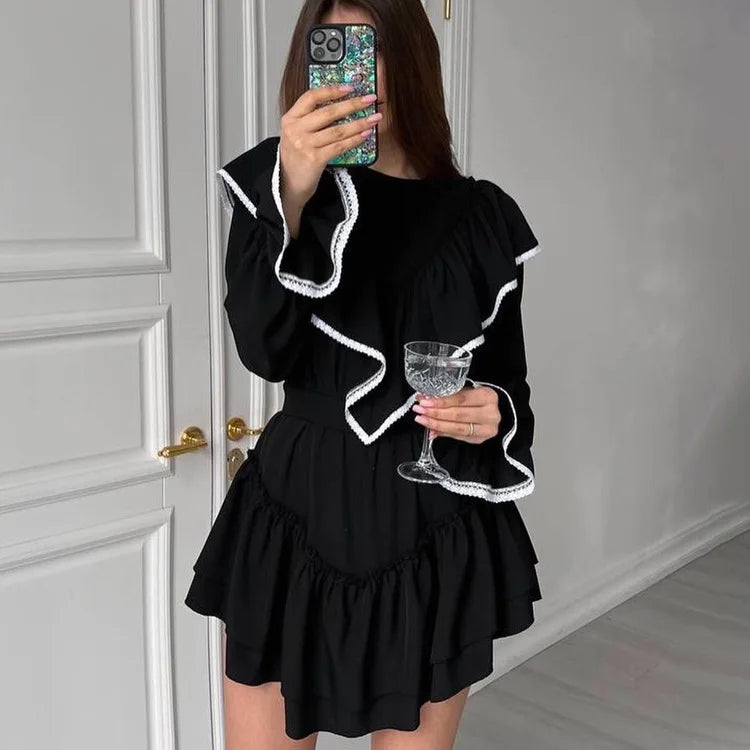 Lace Splice Folds Mini Dress For Women Autumn Slim Black Women's Dresses Streetwear Temperament Vestido De Mujer New