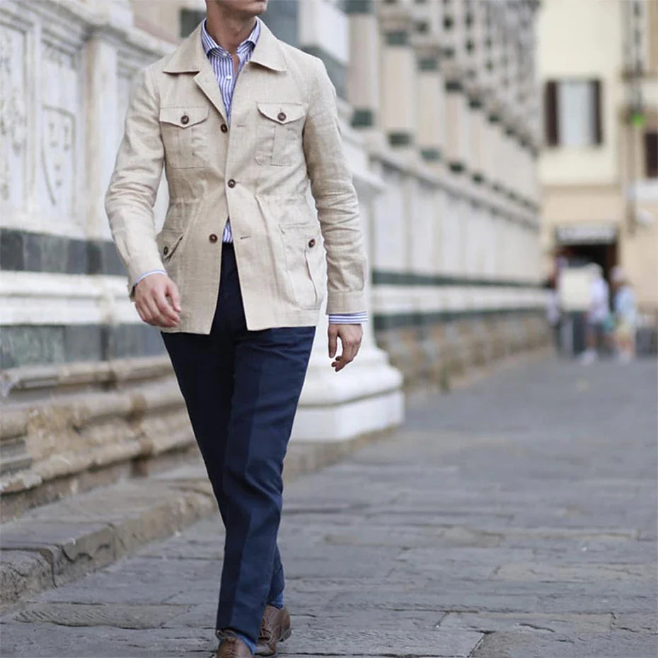 maoxiangshop New Spring Linen Jacket Men Multiple Pockets Cargo Jacket Male Fashion Casual Button Coat Plus Size 5XL