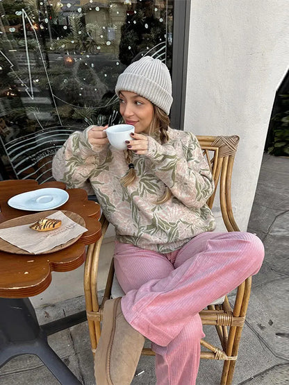 maoxiangshop -  Fashion Flower Printed Knitted Sweater For Women Round Neck Long Sleeves Loose Pullover Autumn Winter Lady High Street Jumper