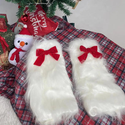 maoxiangshop  -  Autumn/Winter Bow Loliat Socks for Women Christmas Lolita Cute y2k Subculture Warm Imitation Fur Leg Cover Boots Leg Warmers
