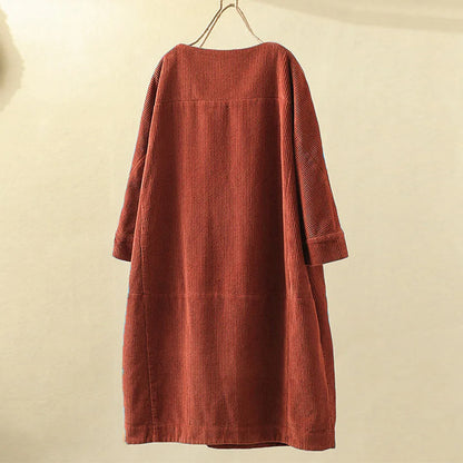 maoxiangshop Women Vintage Pockets Corduroy Solid Color Long Sleeve Loose Casual Dress vestido feminino party dresses Women's dress