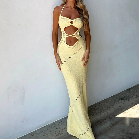 maoxiangshop Chic Women's Sleeveless Knit Long Dress Summer Spring Solid Color Halter Front Cutout Back Tie-Up Slim Maxi Dress Party