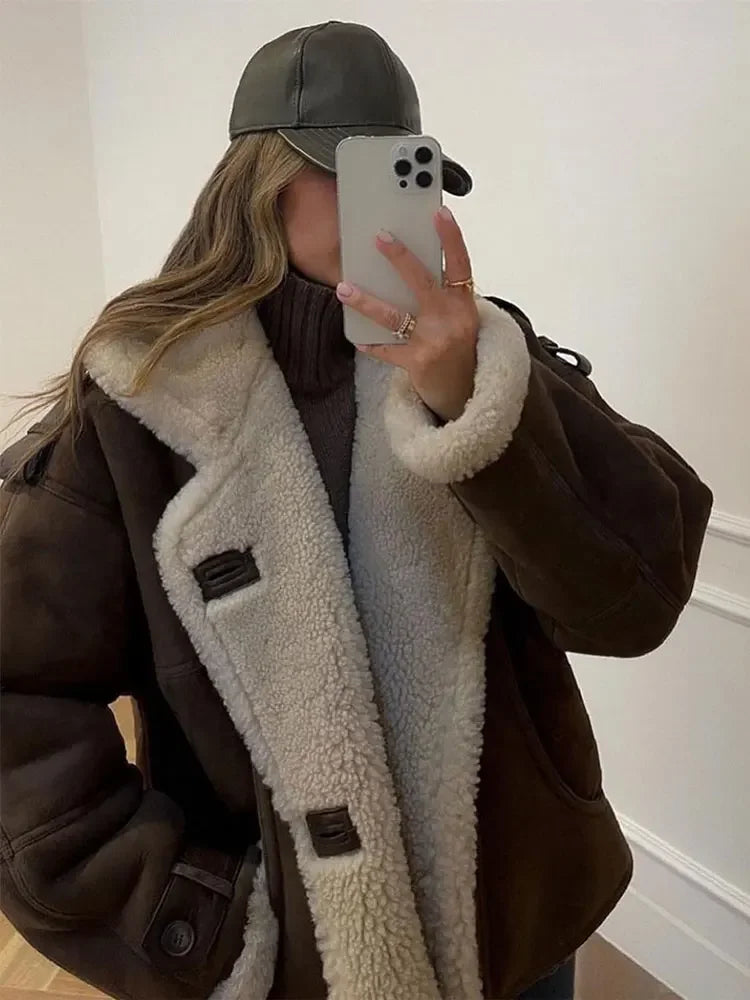 maoxiangshop  -  Winter Thick Faux Leather Spliced Jacket Women Casual Loose Long Sleeve Single Breasted Lapel Coat Winter Warm Street Streetwear