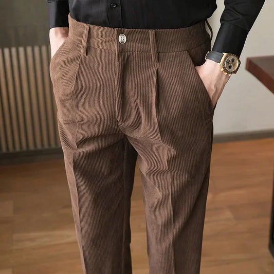 maoxiangshop British Style Men High Waist Casual Dress Pant Men Belt Design Slim Trousers Formal Office Social Wedding Party Dress Suit Pants