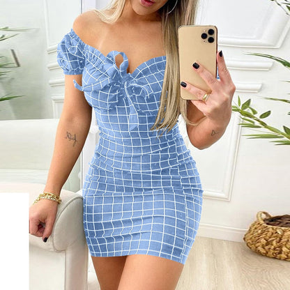 maoxiangshop New Short Sexy Sleeve Mini Dress Women Summer Off Shoulder Bow Plaid Print Elegant Party Bodycon Dresses For Women