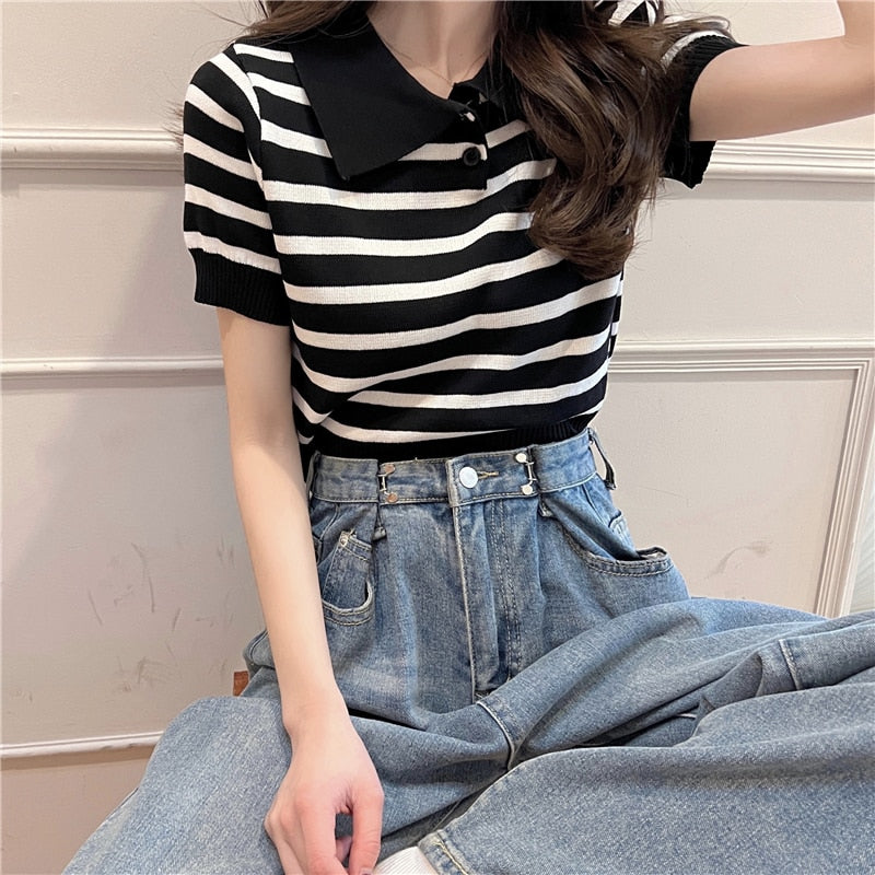 maoxiangshop Summer Vintage Striped Polo Collar T Shirts Women's Knitted Short Sleeve Thin Cropped Tshirt Crop Top For Slim Girls