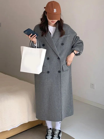 maoxiangshop Winter Thick Office Lady Long Wool Coat Elegant Fashion Faux Wool Jacket Women Simple Grey Long Sleeve All Match Outwear