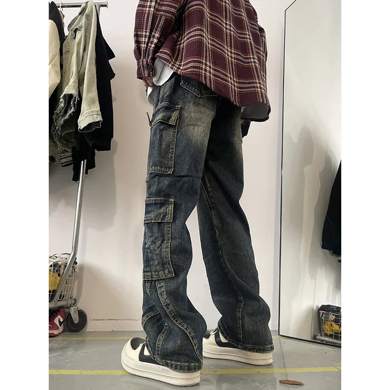 maoxiangshop Men's Patchwork Blue Cargo Jeans Unisex Straight Casual Trousers Men Muti-pockets Hip Hop Streetwear 90s Vintage Fashion Pants