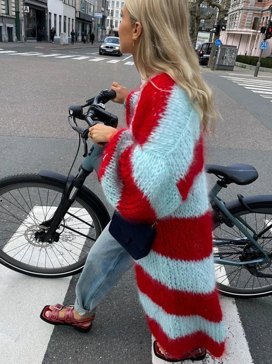 maoxiangshop  -  Chic Striped Knit Long Coat Women Lantern Sleeve Thicken Warm Cardigan Jacket 2024 Winter Fashion Female Street Outwears