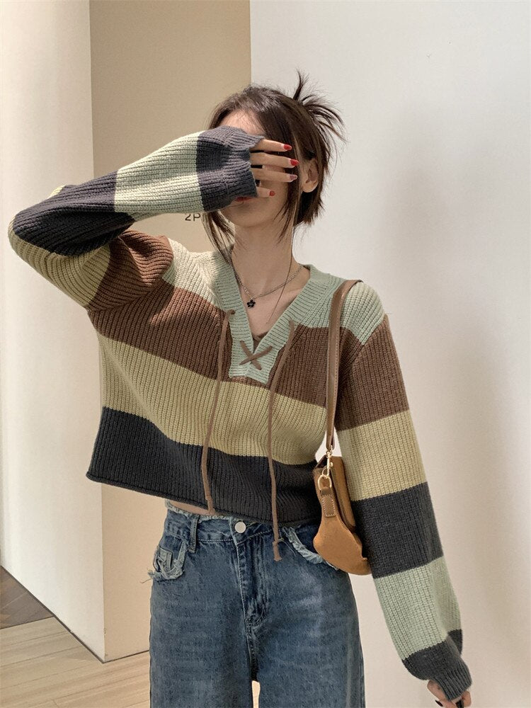 2023 Autumn Winter Vintage Fashion Striped Jumper Woman Long Sleeve Loose Jerseys Cropped Sweaters Thick Basic Tops Knitwear New