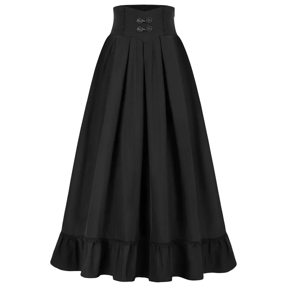 maoxiangshop Women Renaissance Swing Skirt High Waist Ruffled Hem Maxi Skirt Vintage Long Length Skirts With Pockets Office Workwear A20