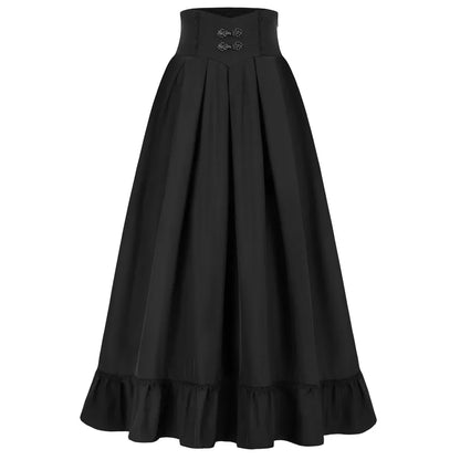 maoxiangshop Women Renaissance Swing Skirt High Waist Ruffled Hem Maxi Skirt Vintage Long Length Skirts With Pockets Office Workwear A20