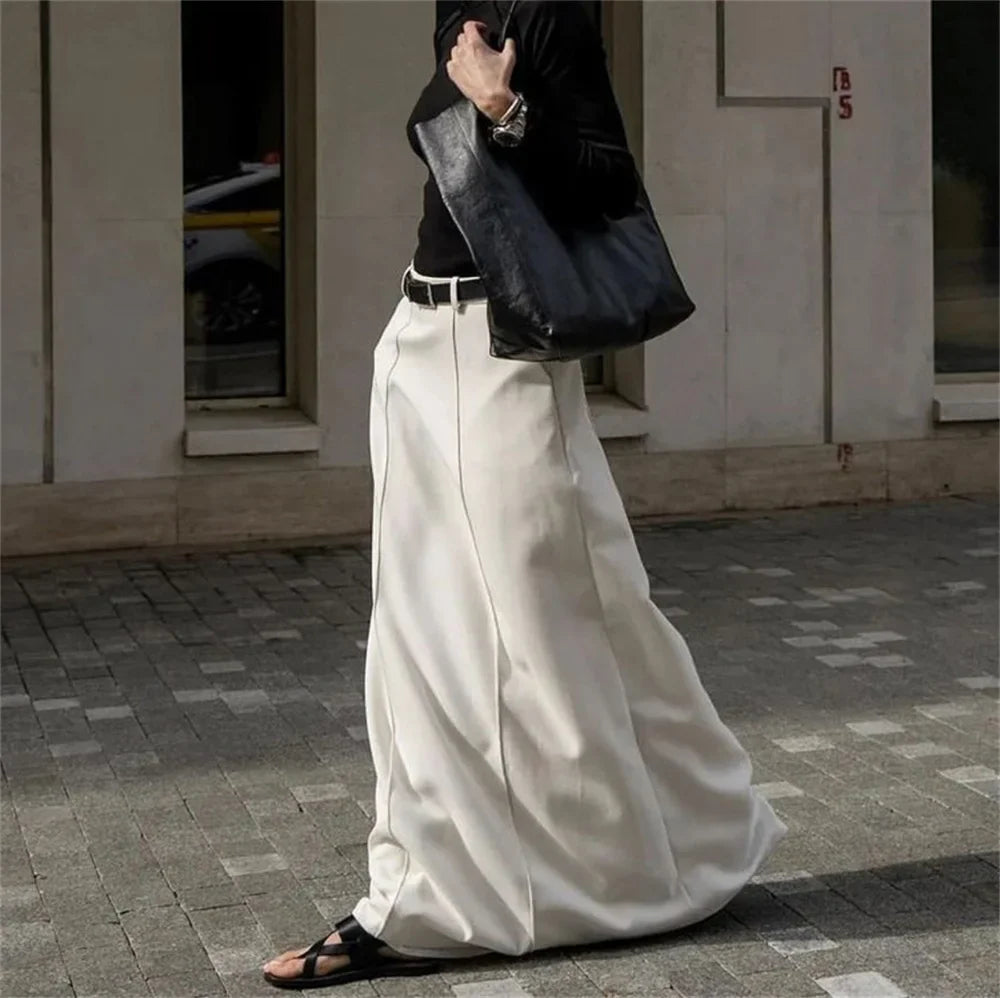 maoxiangshop -  White Long Straight Maxi Skirt for Women Summer Autumn Elegant   High Waist Office Lady Simple Skirt with Pocket Streetwear