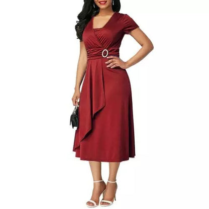 maoxiangshop Elegant Women Solid Color Short Sleeve V Neck Asymmetric Hem Waist Tight Midi Party Dress Ladies Evening Vestidos