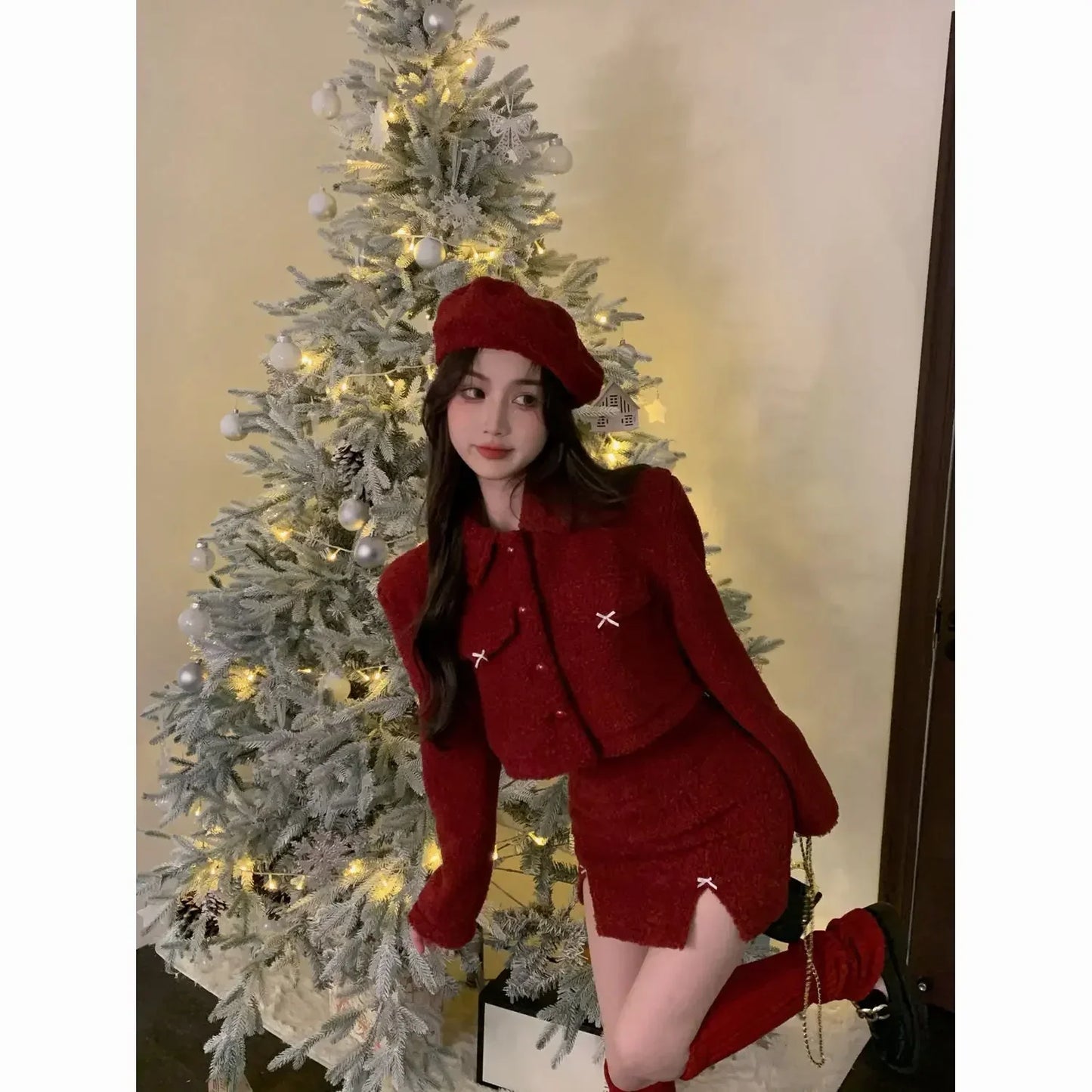 maoxiangshop  -  New Year's Robe Red Skirt Set Autumn/Winter Christmas Dress Up High End Sweet Short Coat Mini Skirt Two Piece Set Women Outfits