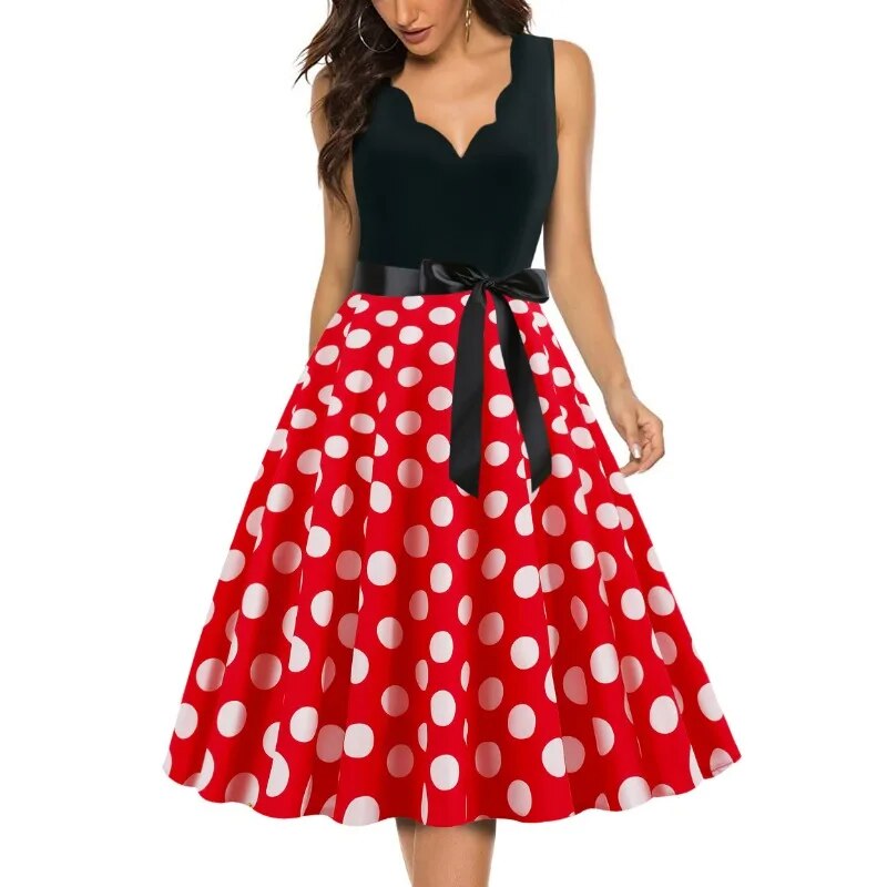 maoxiangshop Womens Retro Summer Dresses Robe Vintage Pinup 1950s 60s Rockabilly Sexy V-Neck Polka Dot Print Party Dress Vestido S-3XL